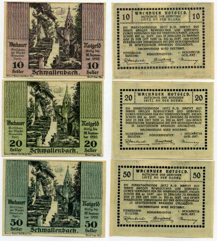 Австрия, Швалленбах набор из 3 банкнот 10, 20, 50 геллеров 1920 30 сентября 1920, нотгельд, земля Нижняя Австрия   бумага  UNC (пресс) 7555-27-4-2