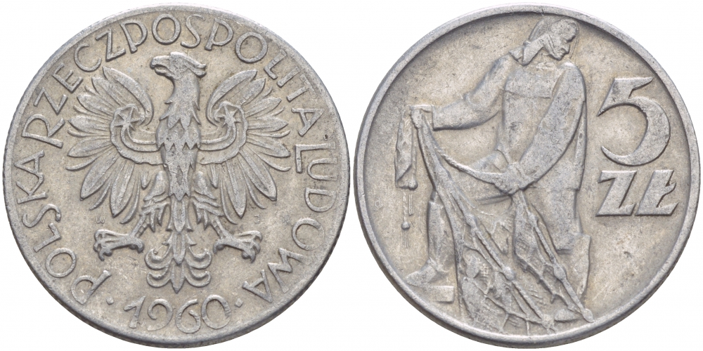 Польша 5 злотых 1960 рыбак KM 47 алюминий 4545-526