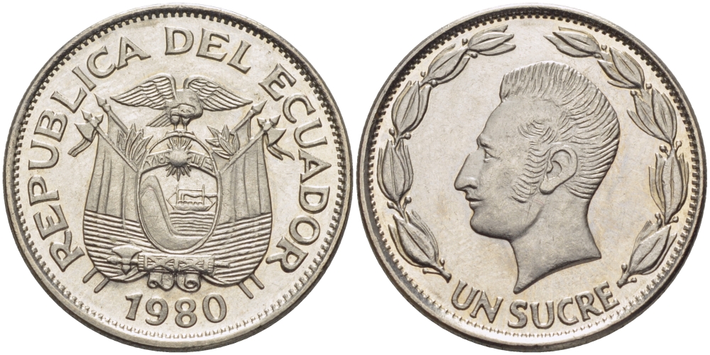 ЭКВАДОР 1 СУКРЕ 1980 АНТОНИО ХОСЕ де СУКРЕ KM 78b сталь плакированная никелем UNC 31-412
