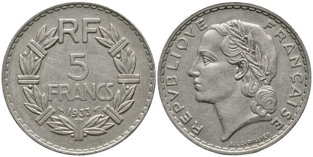 ФРАНЦИЯ 5 ФРАНКОВ 1933 ТИП LAVRILLIER KM 888, LE FRANC 336.2 никель 32-912