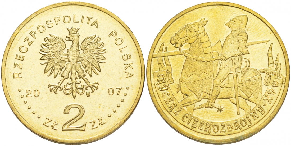 Польша 2 злотых 2007 серия история польской кавалерии, рыцарь XV века KM 611 латунь UNC M19-13