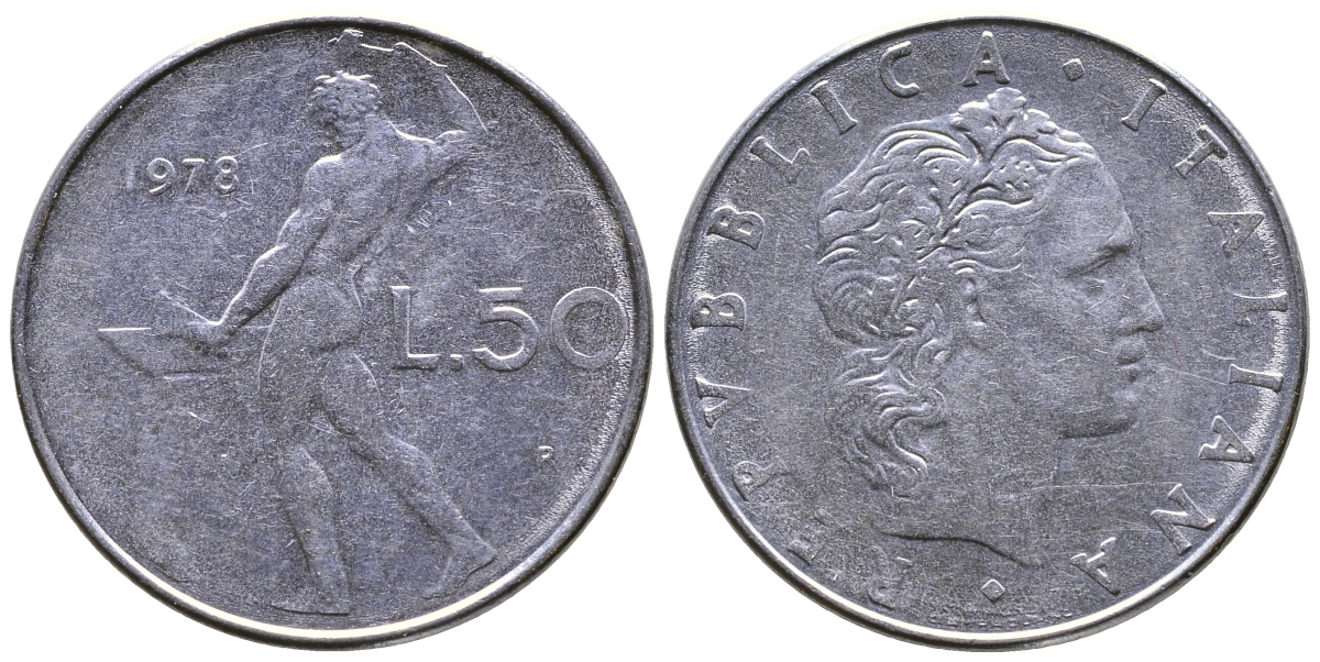 Италия 50 лир 1978 R, Вулкан (древнеримский бог огня) KM 95.1 нержавеющая сталь 4681-144