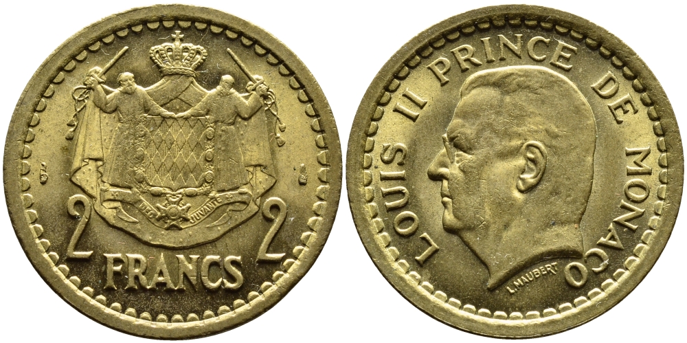 Монако 2 франка 1945 Луи II (1922-1949) KM 121а алюминиевая бронза 4389-1231