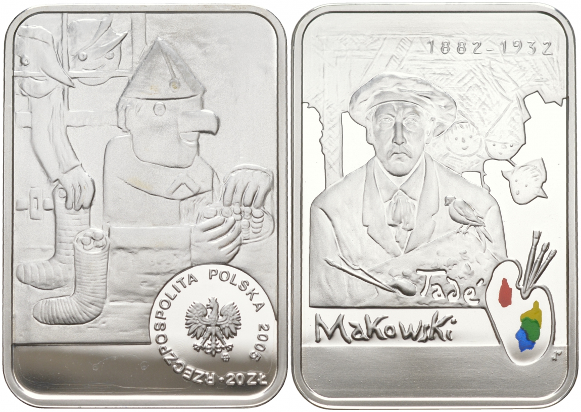 Польша 20 злотых 2005 Польские художники XIX-XX вв. Тадеуш Маковский, цветная эмаль KM 542 серебро PROOF 1090-3-12