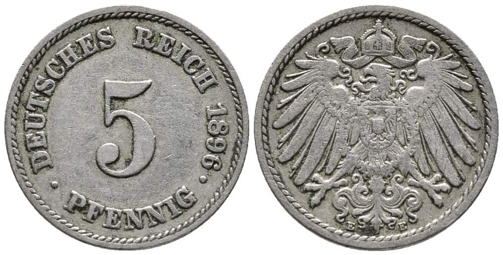 ГЕРМАНИЯ 5 ПФЕННИГОВ 1896 E KM 11, J. 12 медно-никель 39-721
