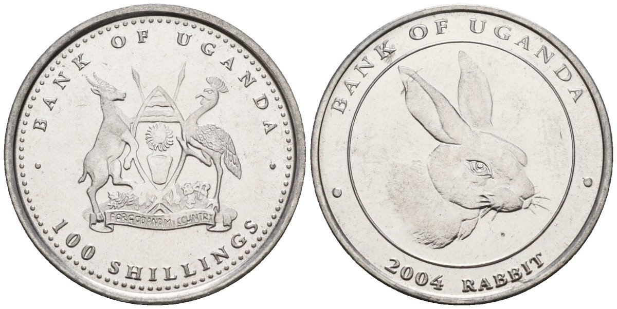 Уганда 100 шиллингов 2004 серия лунный календарь, год кролика KM 143 сталь UNC M58-02