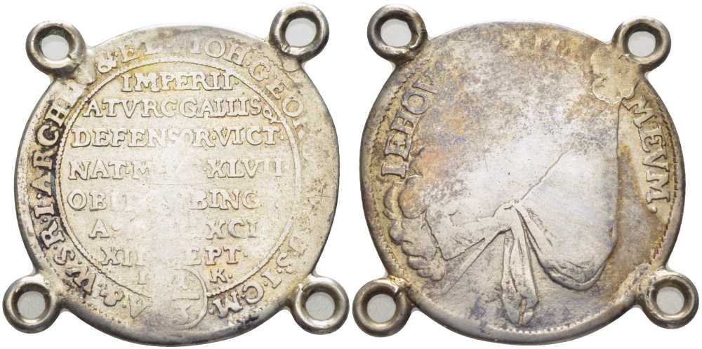 САКСОНИЯ 1/3 ТАЛЕРА 1691 IK, Dresden, НА СМЕРТЬ ИОГАННА ГЕОРГА, С ПОДВЕСКИ, С УШКАМИ ДЛЯ НОШЕНИЯ Clauss/Kahnt 631, Slg. Merseburger 1273, Kohl 310 серебро 1524-1035