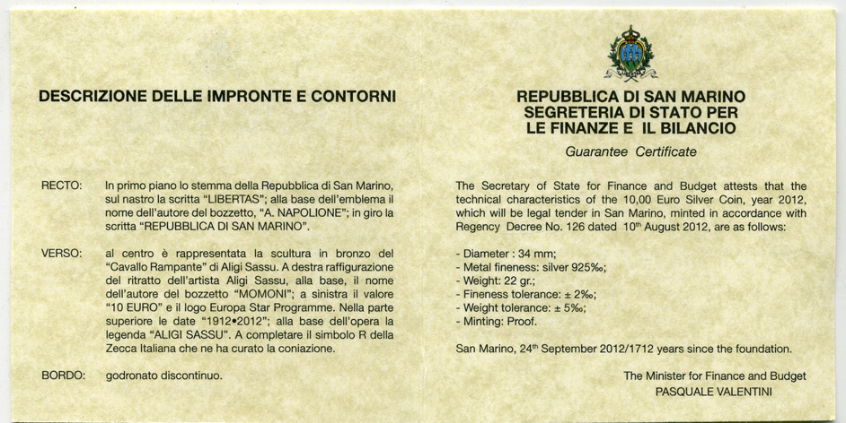 Сан-Марино 10 евро 2012 100 лет со дня рождения архитектора Алиджи Сассу, коробка, сертификат, SM 161 серебро PROOF 2-5-2-7