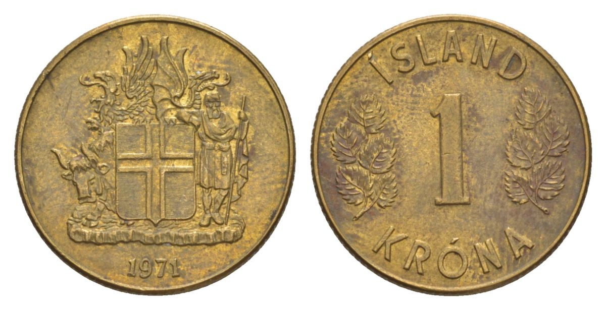 Исландия 1 крона 1971 KM 12a никель латунь UNC 4633-1246