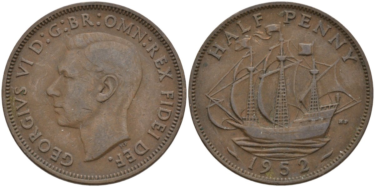 Великобритания 1/2 пенни 1949 Георг VI (1936-1952) KM 868, Spink 4118 бронза 4146-243