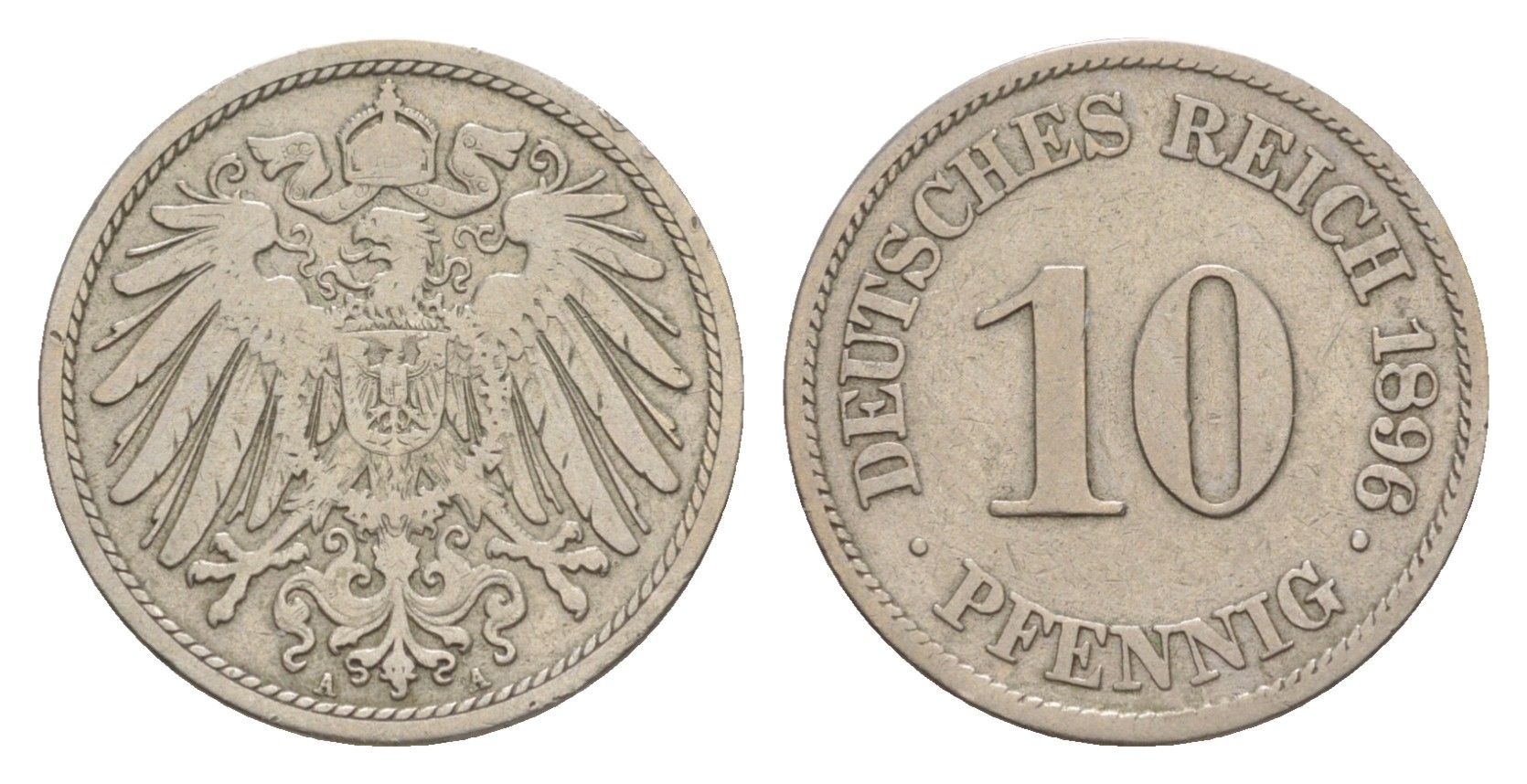Германия 10 пфеннигов 1896 A, Вильгельм II (1888-1918) KM 12, J. 13 медно-никель 4640-232