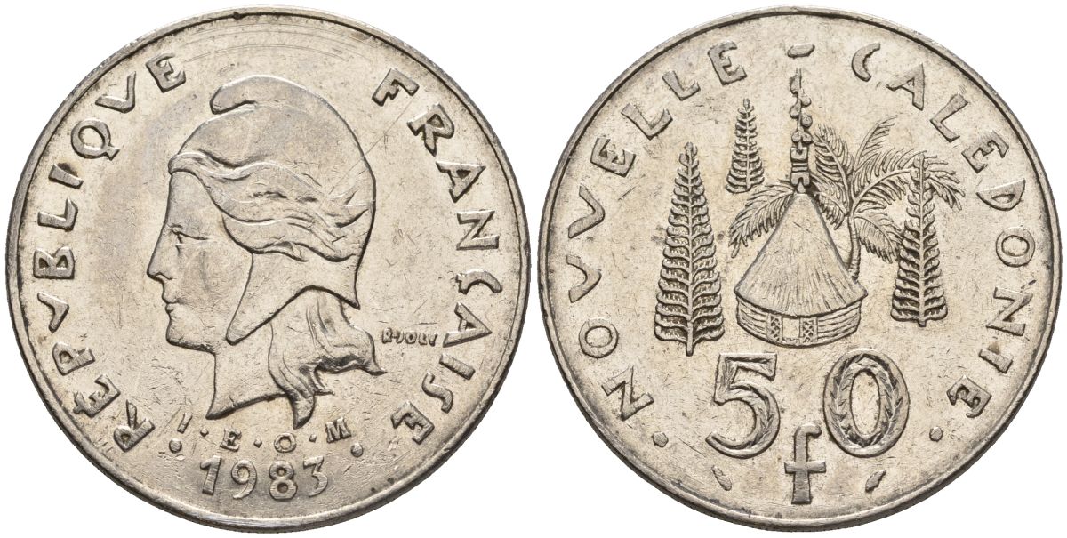 Французская Новая Каледония 50 франков 1983 хижина среди сосен и пальм, (IEOM) KM 13, Schoen 15, Lec 121 никель 4120-742