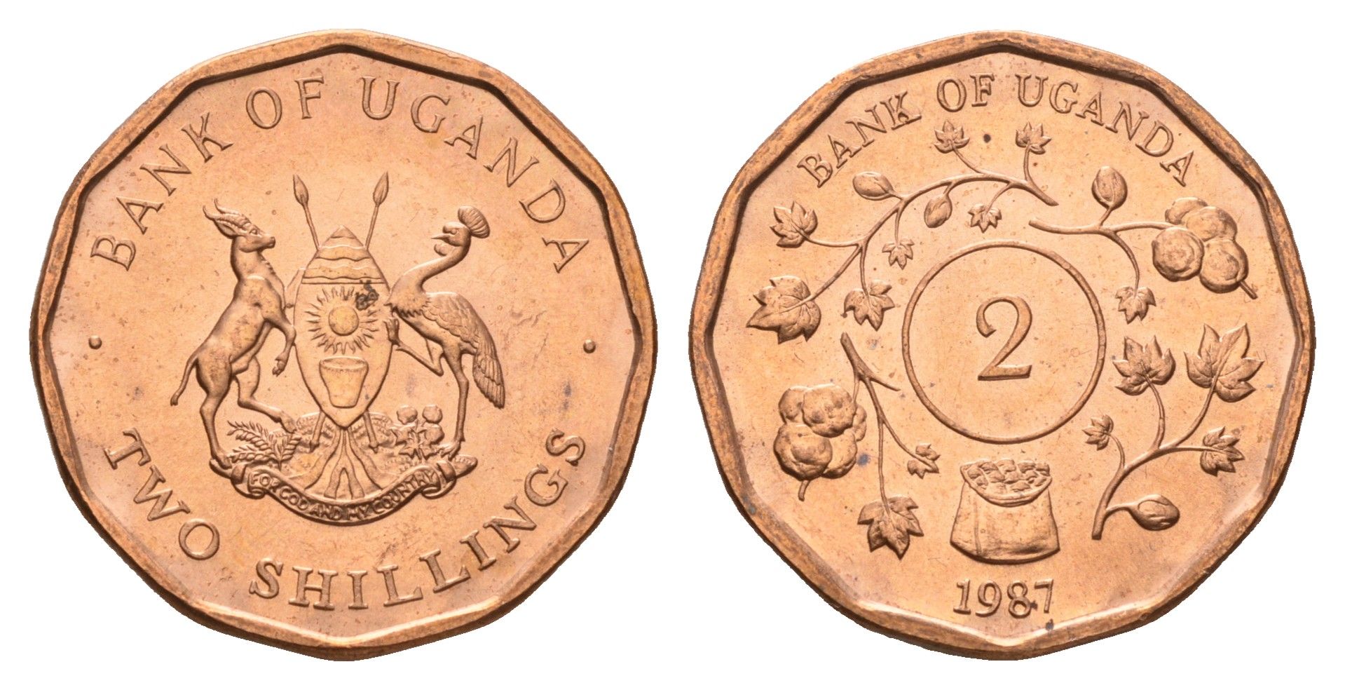 Уганда 2 шиллинга 1987 год-тип KM 28 сталь плакированная медью UNC 4666-1217