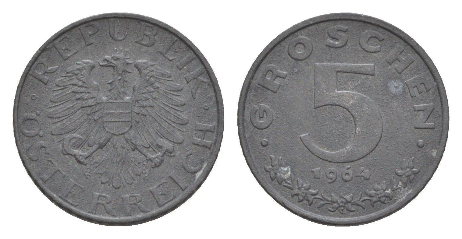 Австрия 5 грошей 1964 KM 2875 цинк 4567-454