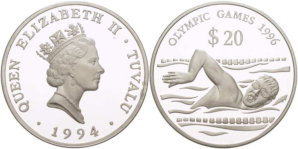 Тувалу 20 долларов 1994 Олимпийские игры 1996 года, плавание KM 24 серебро PROOF 1085-6-22