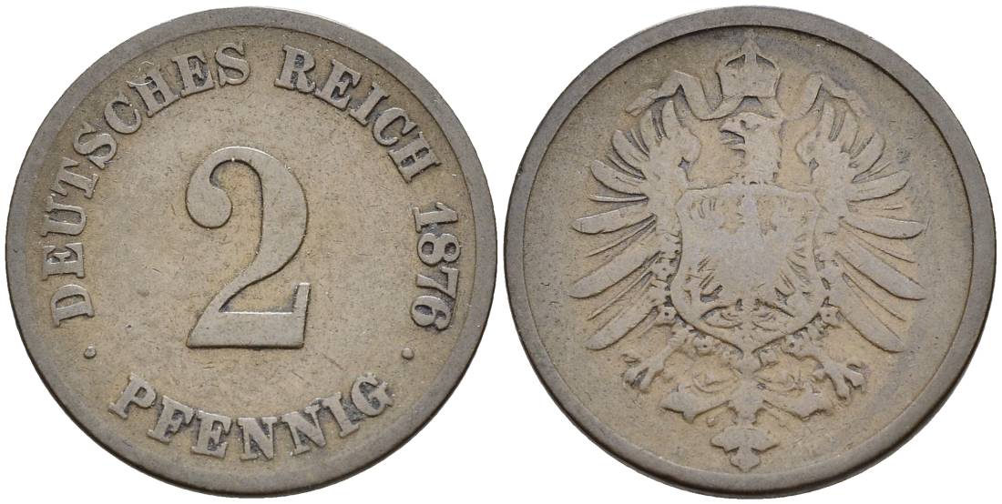 ГЕРМАНИЯ 2 ПФЕННИГА 1876 H, СТАРОГЕРБОВКА KM 2, Jager 2, Weege 3 медь 4546-614