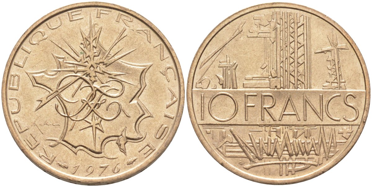 Франция 10 франков 1976 тип Матье KM 940, Le Franc 365.7-8 никель латунь 4394-331