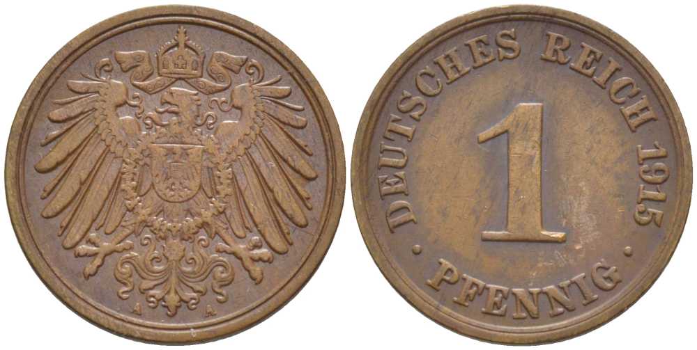 ГЕРМАНИЯ 1 ПФЕННИГ 1915 A KM 10, J. 10, Weege 2 медь 206-446