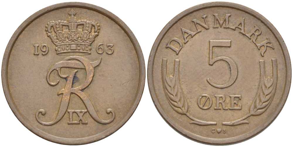 ДАНИЯ 5 ЭРЕ 1963 C; S, ФРЕДЕРИК IX (1947-1972) KM 848.1 бронза 108-1025