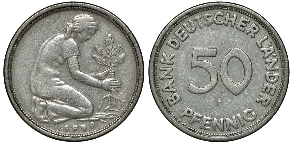 ФРГ 50 пфеннигов 1949 F KM 104, J. 379 медно-никель 72-1012