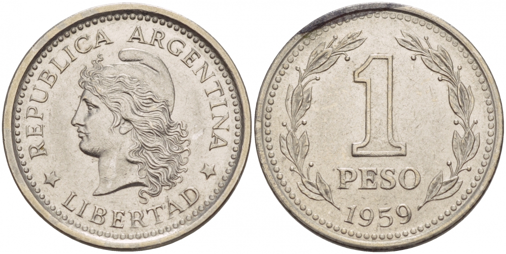 Аргентина 1 песо 1959 голова свободы влево KM 57 сталь плакированная никелем 4548-342