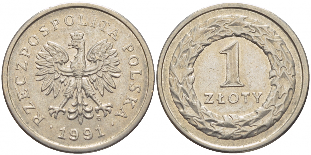 ПОЛЬША 1 ЗЛОТЫЙ 1991 MW KM 282 медно-никель 175-1157