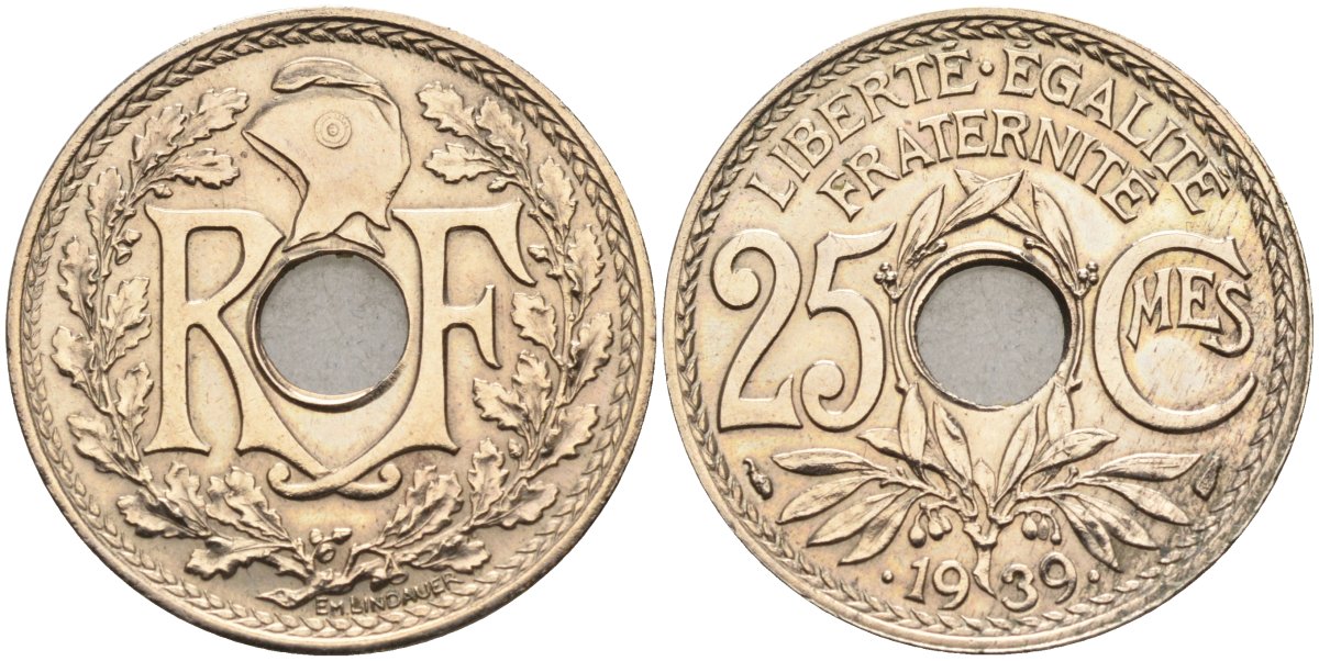 Франция 25 сантимов 1939 .1939., тип Lindauer Maillechort, штемпельный блеск KM 867b, Le Franc 172.4 никель бронза 4584-445