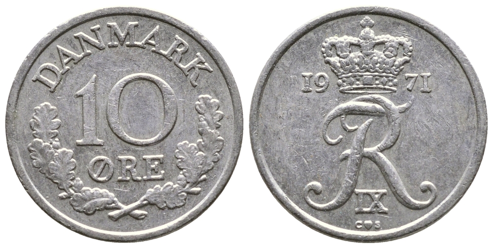 ДАНИЯ 10 ЭРЕ 1971 C; S, ФРЕДЕРИК IX (1947-1972) KM 849.1 медно-никель 26-929