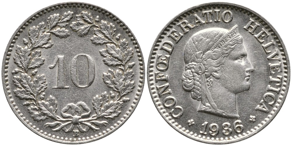 ШВЕЙЦАРИЯ 10 РАППЕНОВ 1936 В KM 27b никель 4539-435