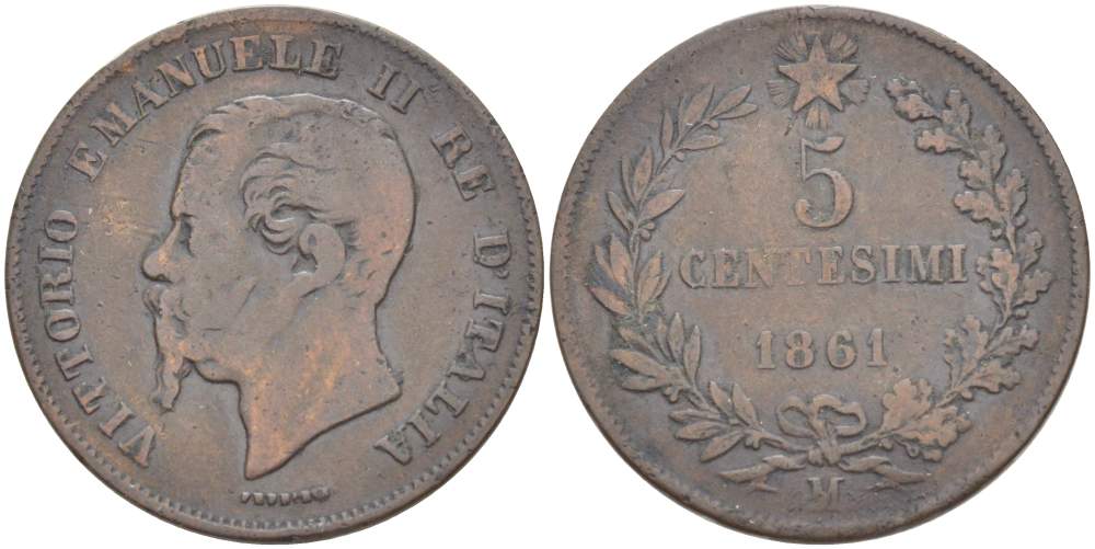 ИТАЛИЯ 5 ЧЕНТЕЗИМО 1861 М, МОНДВОР МИЛАН, ВИКТОР ЭММАНУИЛ II (1861-1878) KM 3.2 медь 4525-113