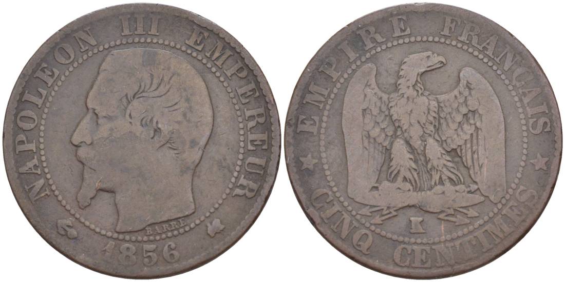 ФРАНЦИЯ 5 САНТИМОВ 1856 К, НАПОЛЕОН III (1852-1870), МОНДВОР БОРДО KM 777.5, LE FRANC бронза 219-546