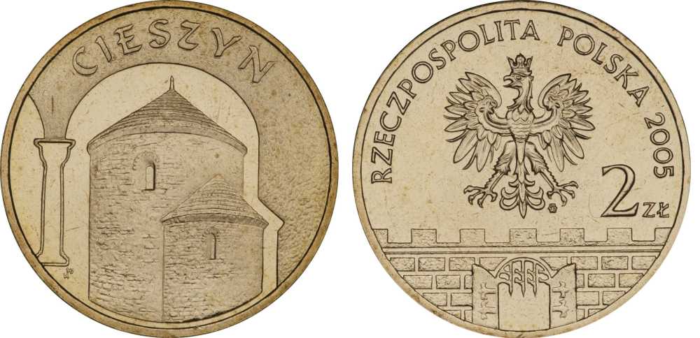 Польша 2 злотых 2005 MW, серия польские города, Цешин (Cieszyn) KM 753, Parchimowicz 962 латунь UNC 603-1012