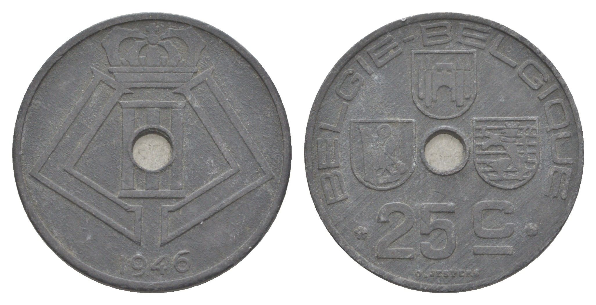 Бельгия 25 сантимов 1946 Belgie - Belgique, Леопольд III (1934-1947), германская оккупация, Вторая мировая война KM 132 цинк 4619-1016