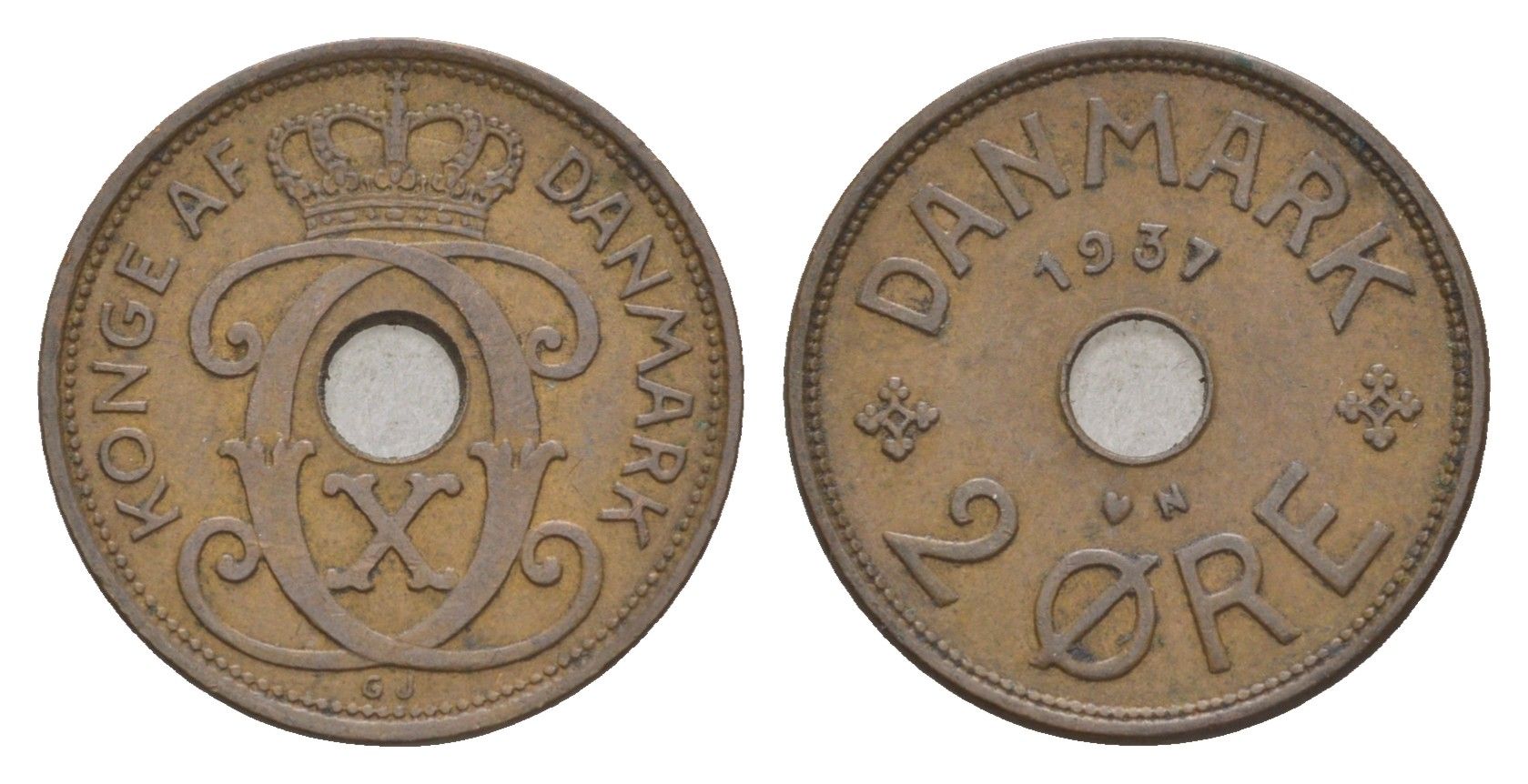 Дания 2 эре 1937 N, Кристиан X (1912-1947) KM 827 бронза 4658-244