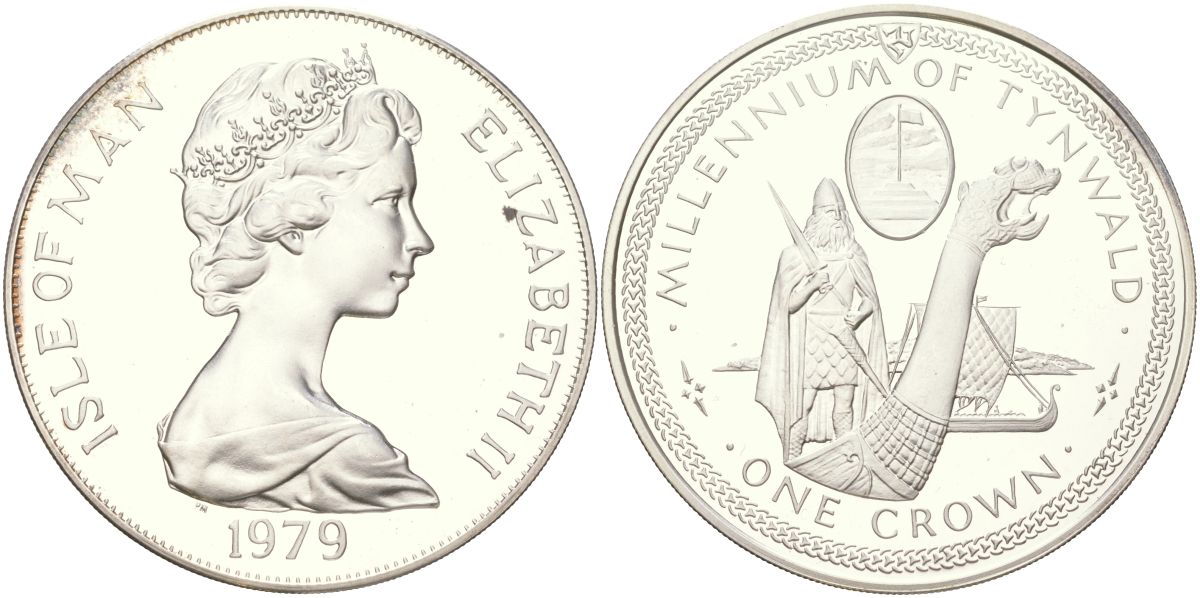 Остров Мэн 1 крона 1979 1000 лет Тинвальду - Драккар KM 46a серебро PROOF 1529-944