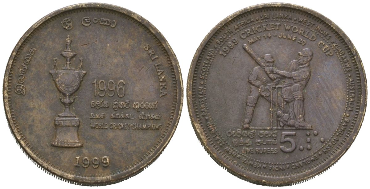 Шри-Ланка 5 рупий 1999 Чемпионат Мира по крикету KM 161 алюминиевая бронза 4620-215