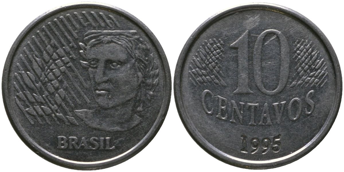 Бразилия 10 сентаво 1995 KM 633, Schon 142 нержавеющая сталь 4519-811