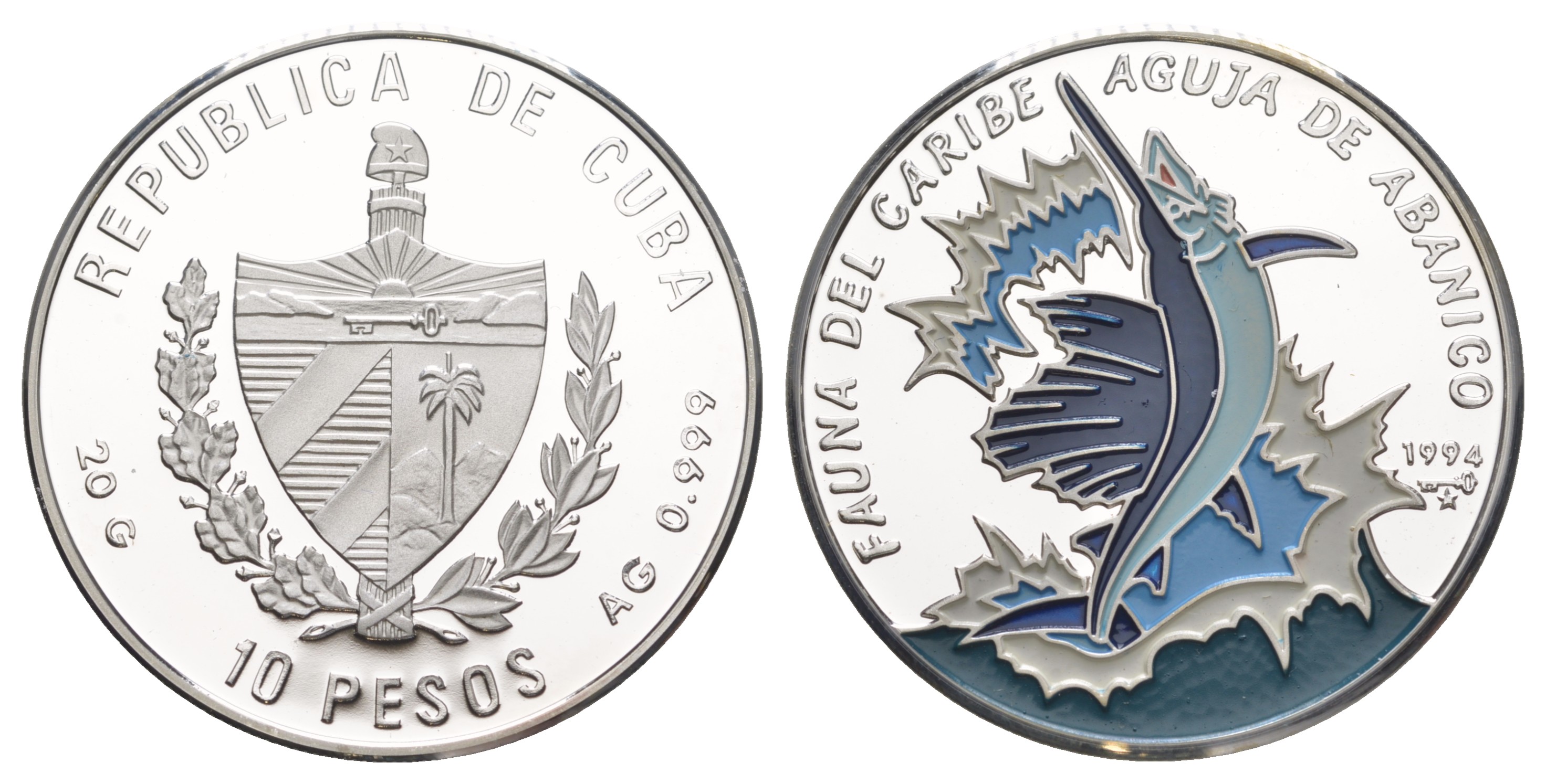 Куба оригинальный полный набор из 6 монет (10 песо) в оригинальной коробке 1994 Карибская фауна 1-4-6-07