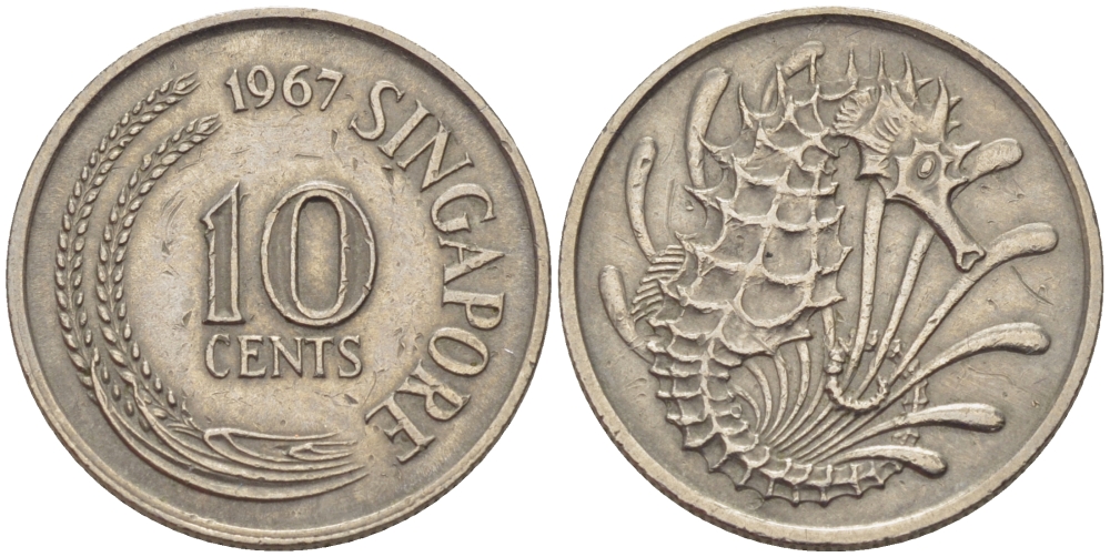Сингапур 10 центов 1967 морской конек KM 3 медно-никель 66-351