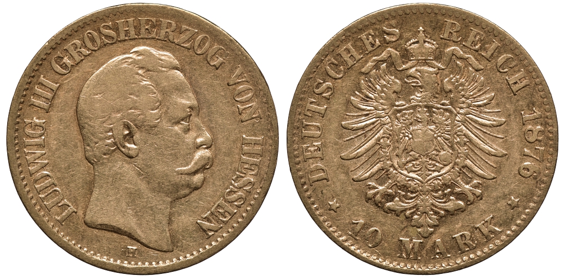 Гессен 10 марок 1876 H J. 216 золото 00-809-75