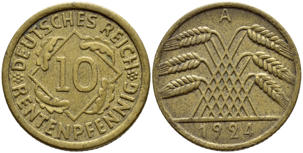 ГЕРМАНИЯ 10 РЕНТЕНПФЕННИГОВ 1924 A KM 33, J. 309, Weege 8 алюминиевая бронза 4397-627