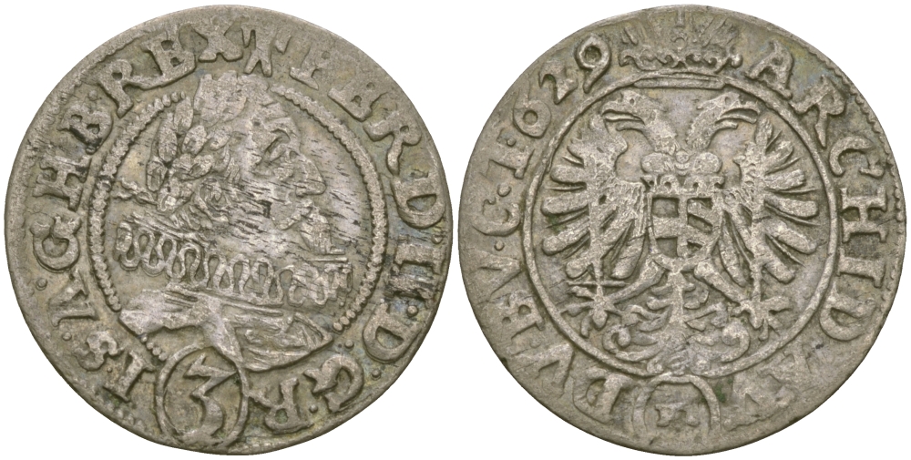 АВСТРИЯ 3 КРЕЙЦЕРА 1629 ФЕРДИНАНД II (1619-1637), МОНДВОР БРЕСЛАУ KM 581 серебро 99-953