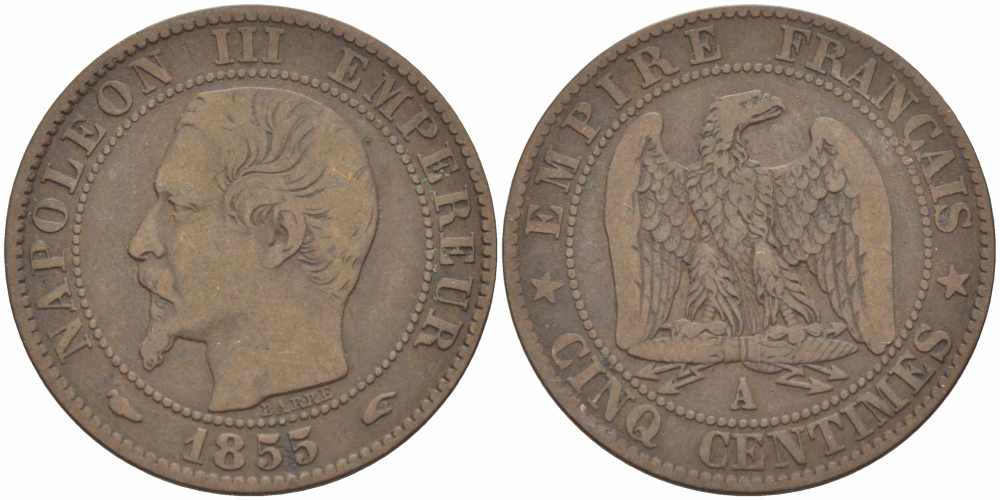 Франция 5 сантимов 1855 A, Наполеон III (1852-1870) KM 777.1, LE FRANC 116.16 бронза 108-344