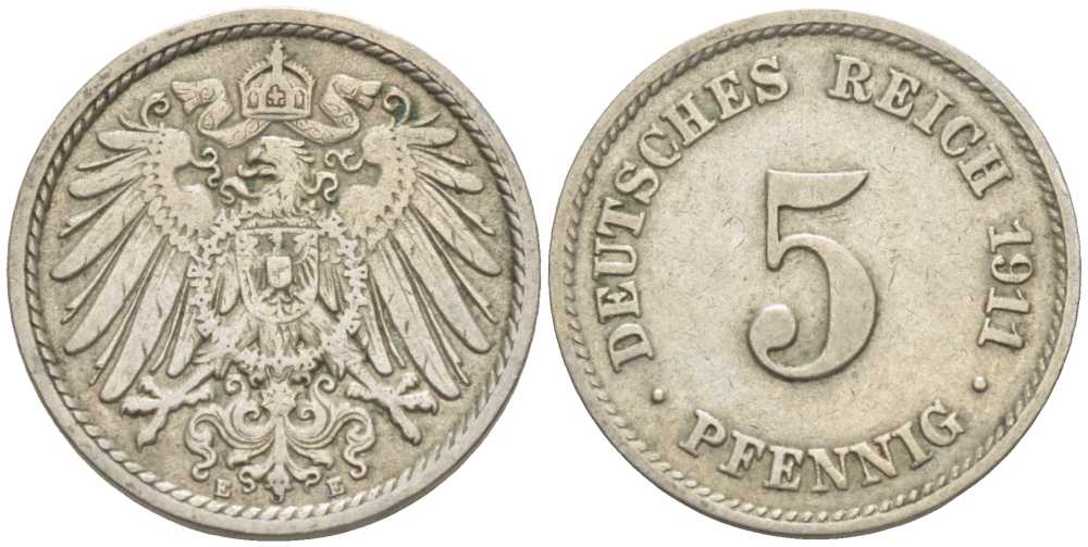 Германия 5 пфеннигов 1911 E KM 11, Jager 12, Weege 6 медно-никель 105-152