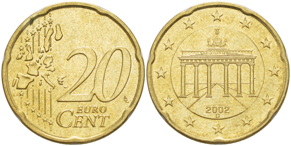 ГЕРМАНИЯ 20 ЕВРОЦЕНТОВ 2002 D KM 211 латунь 4543-517