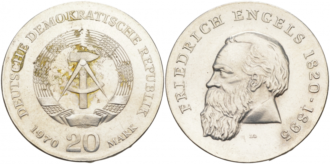 ГДР 20 марок 1970 А, 150 лет со дня рождения Фридриха Энгельса KM 28 серебро 1087-9-65
