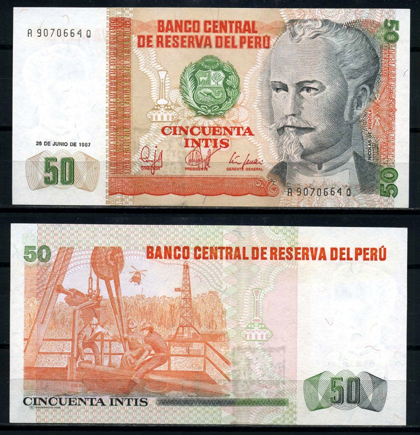 Перу 50 инти 1987 Николас де Пьерола, президент Pick 131 b бумага UNC (пресс) 8621-34-3-1
