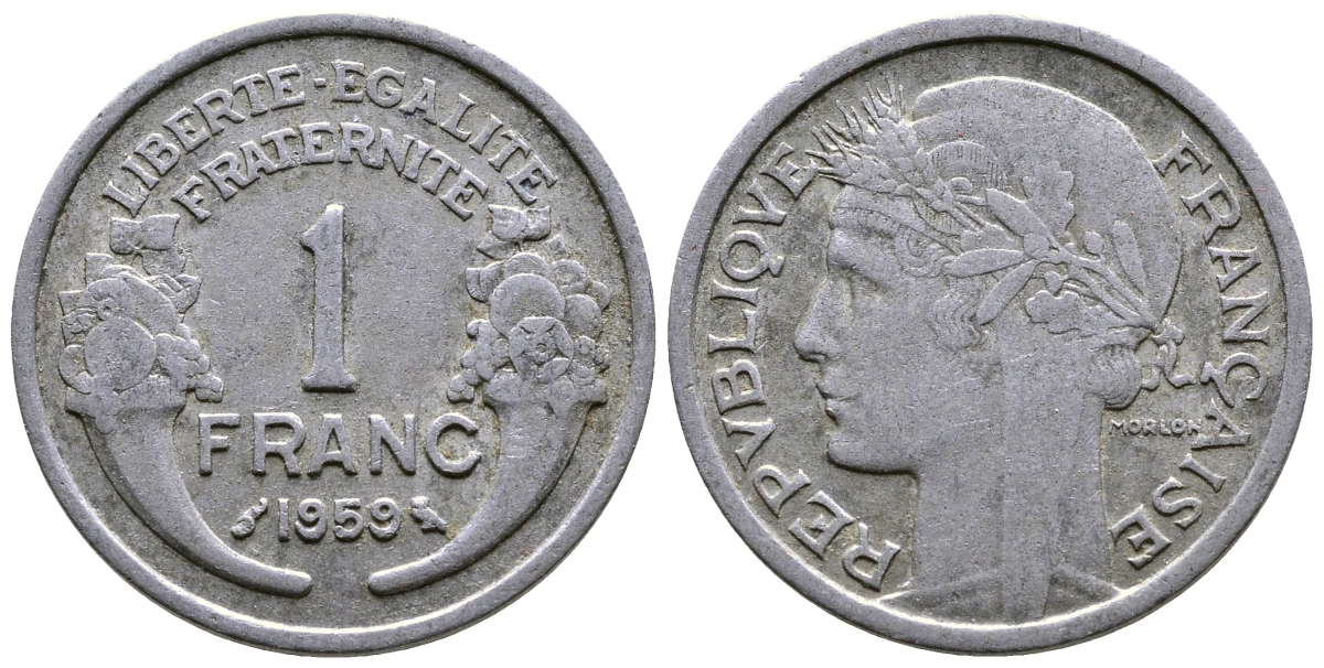 ФРАНЦИЯ 1 ФРАНК 1959 ТИП MORLON, LEGERE KM 885a.1, LE FRANC 221.23 алюминий 25-541