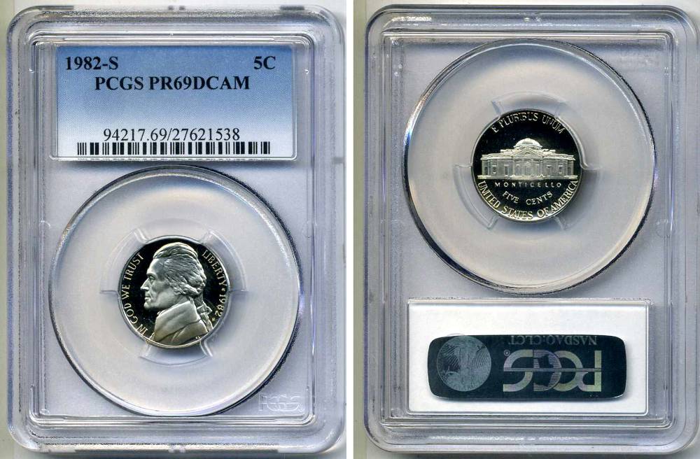 США 5 центов 1982 S, президент Джеферсон, в слабе PCGS PR69CAM KM А192 медно-никель PROOF 15-003-04