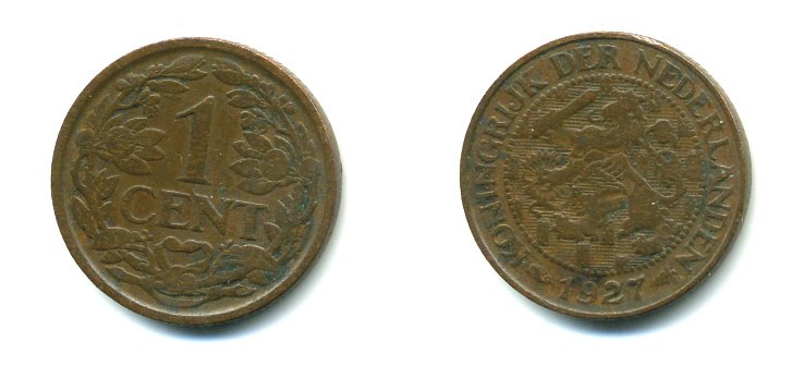 НИДЕРЛАНДЫ 1 ЦЕНТ 1927 ВИЛЬГЕЛЬМИНА (1890-1948) KM 152 бронза 35-1322